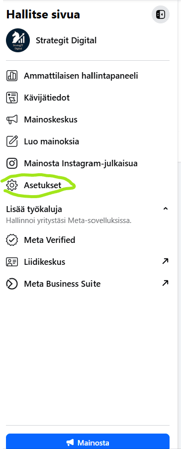 Valitse vasemman reunan valikosta Asetukset.